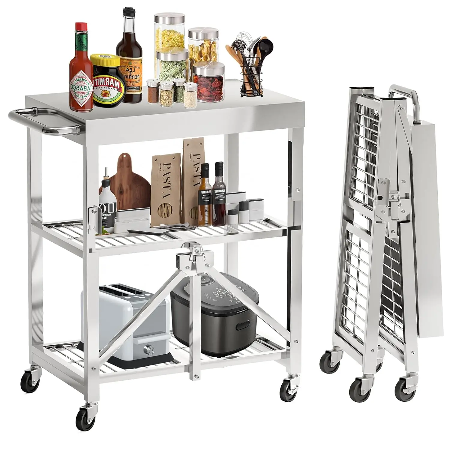 

Stainless Steel Foldable Rolling Kitchen Cart 3-Tier 300LB Wheels Worktable Kitchen Restaurant, Customized