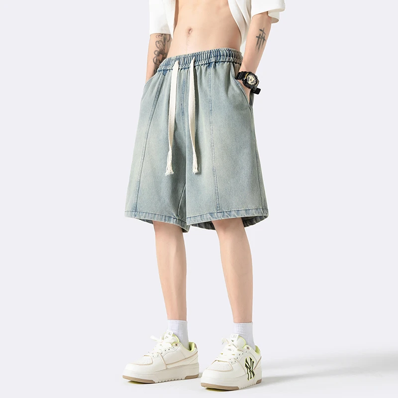 

Мужские свободные повседневные джинсы-бриджи прямого кроя в американском винтажном стиле, летние, тонкие, из денима, со средней посадкой