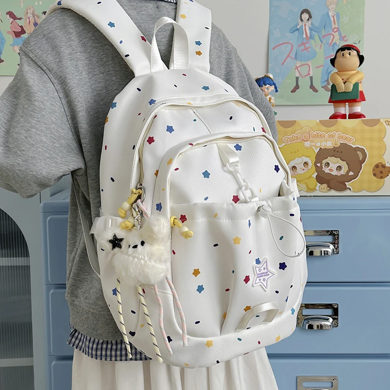 Cute Colorful Star Print Backpack Plush Charm Lightweight Nylon School Bag for Teen Girls Daily 2025 Casual Travel Backpack