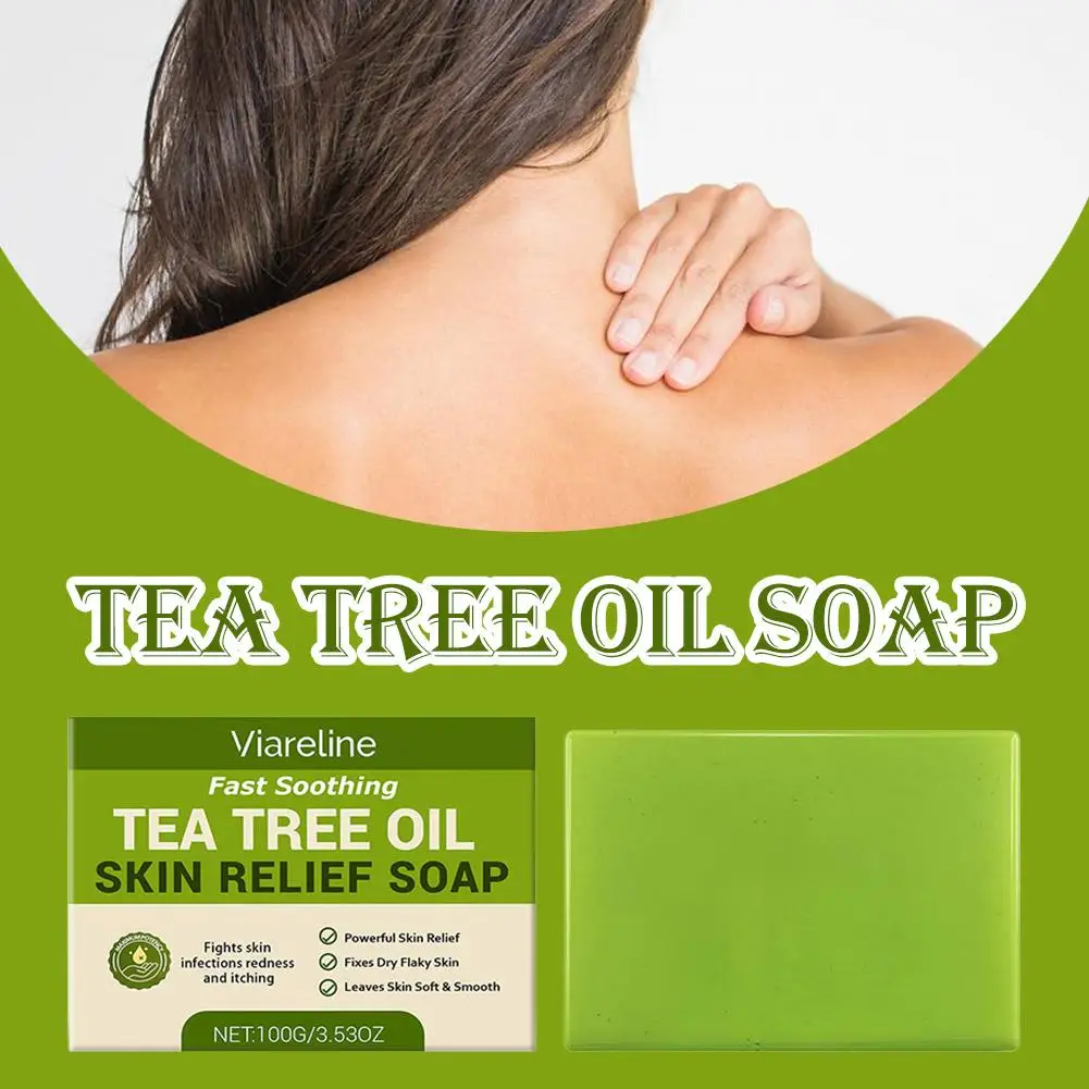 Sabonete com óleo de árvore de chá 100g, para homens e mulheres, limpeza profunda, calmante para pele seca, esfolia e firmeza, óleo de pele, sabonete calmante