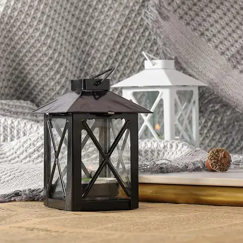 Elegant Black European Candle Holder Handmade Exquisite Iron Wind Lamp Stable Outdoor Candle Lantern Porch