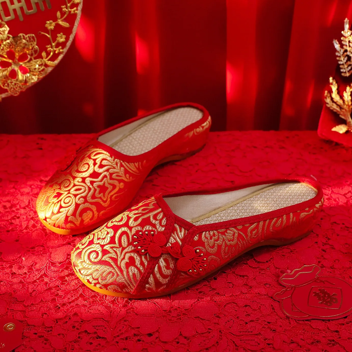 Summer Old Beijing Cloth Shoes Women's Toe Cap Embroidered Height Increasing Insole Ethnic Style Slippers Home for Women