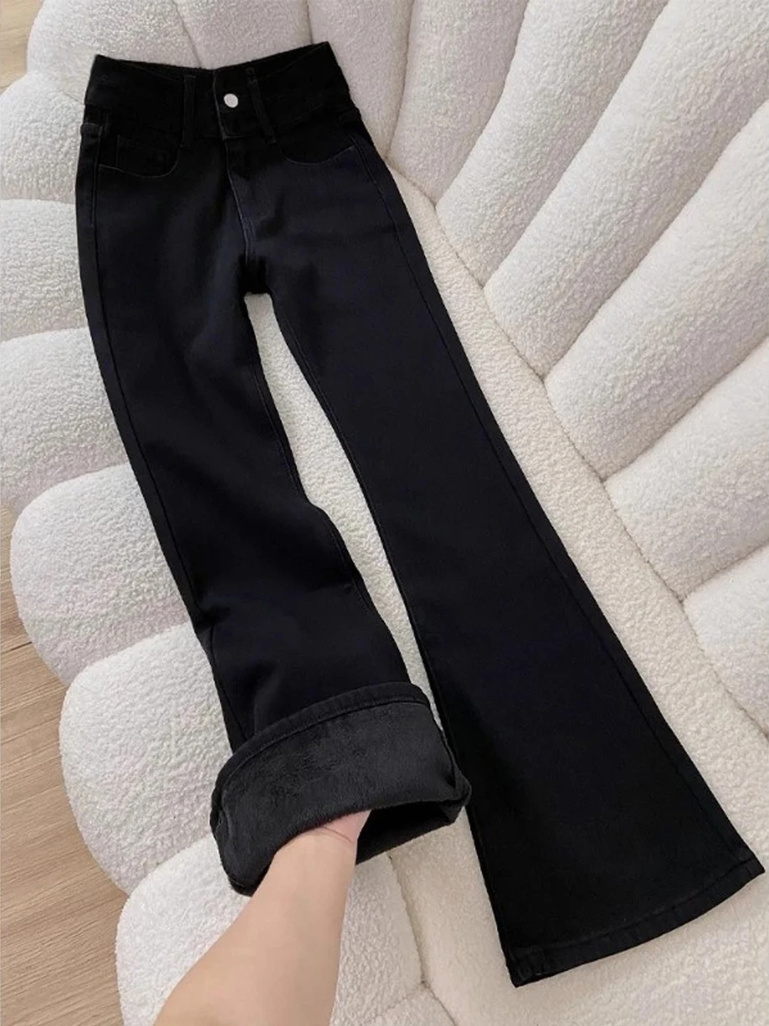 

Мужские джинсы с начесом, прямые, с высокой талией, слегка расклешенные, в американском уличном стиле, осень-зима