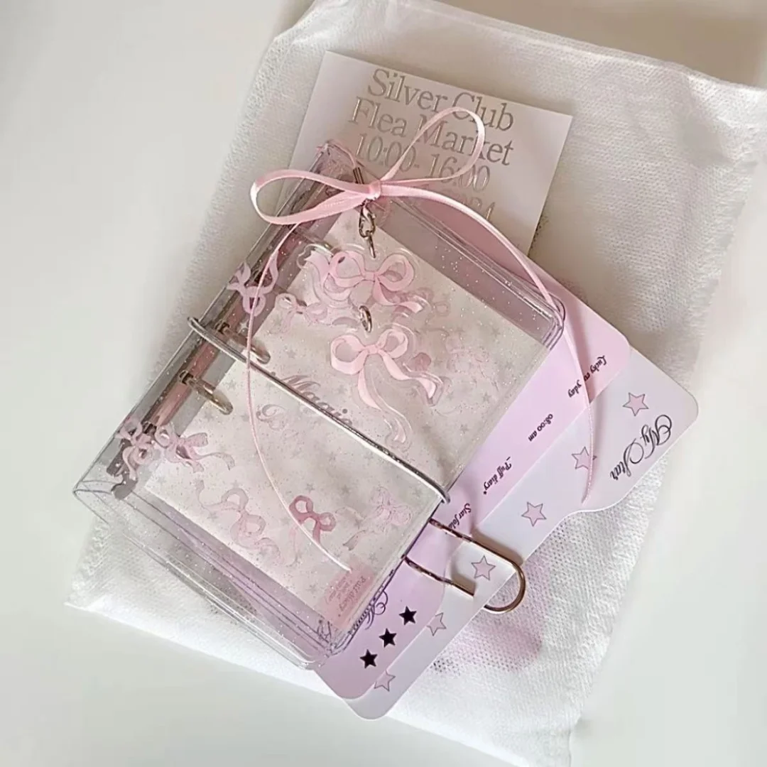 Pink Bow Glitter PVC M5 Loose Leaf Notebook Cover, Transparent Cover Journal for Planning Scrapbooking Card Collection