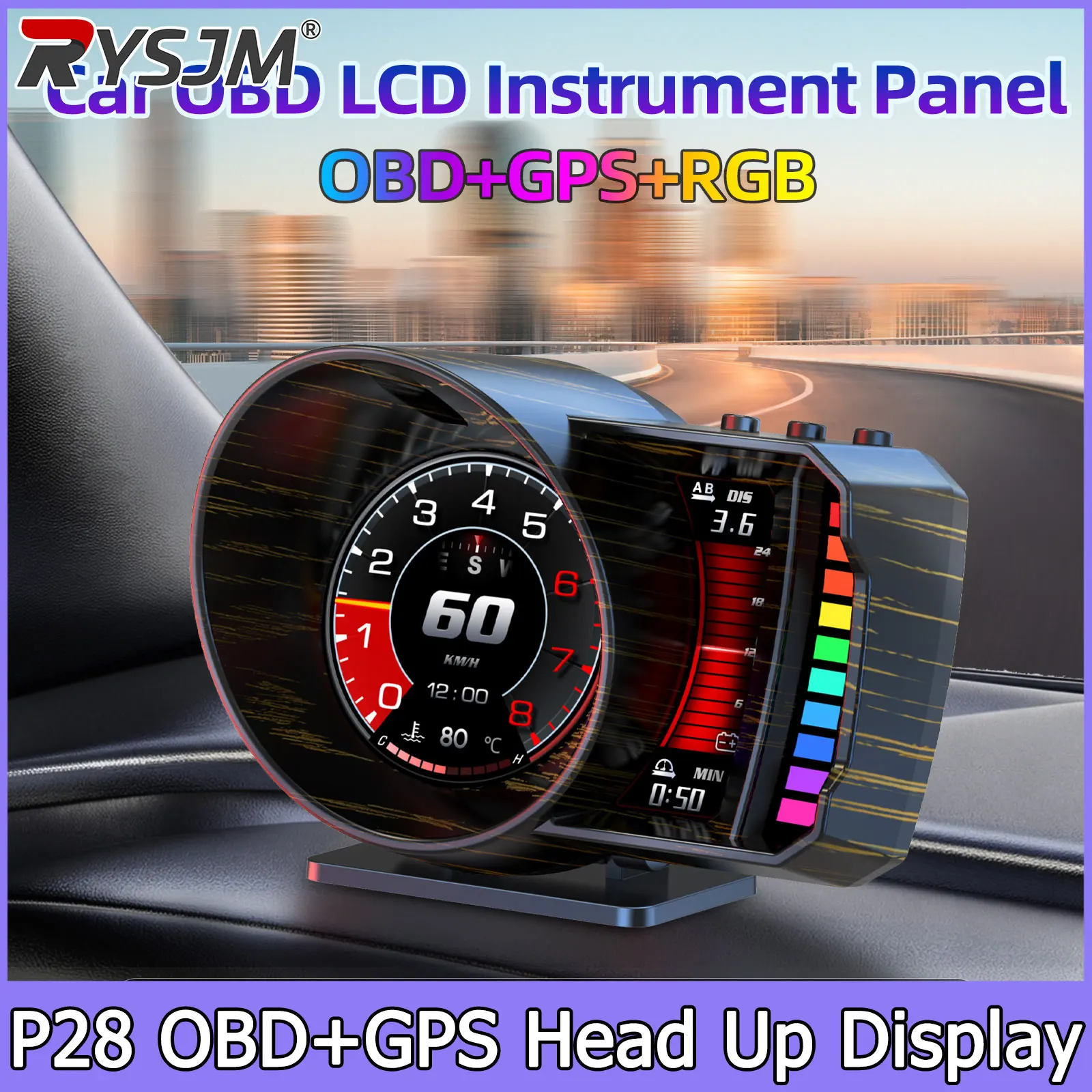 P28 Car OBD+GPS+RGB HUD On-board Computer Gesture Recognition Speedometer Windshield Speed Turbo RPM Switch For Car Fault