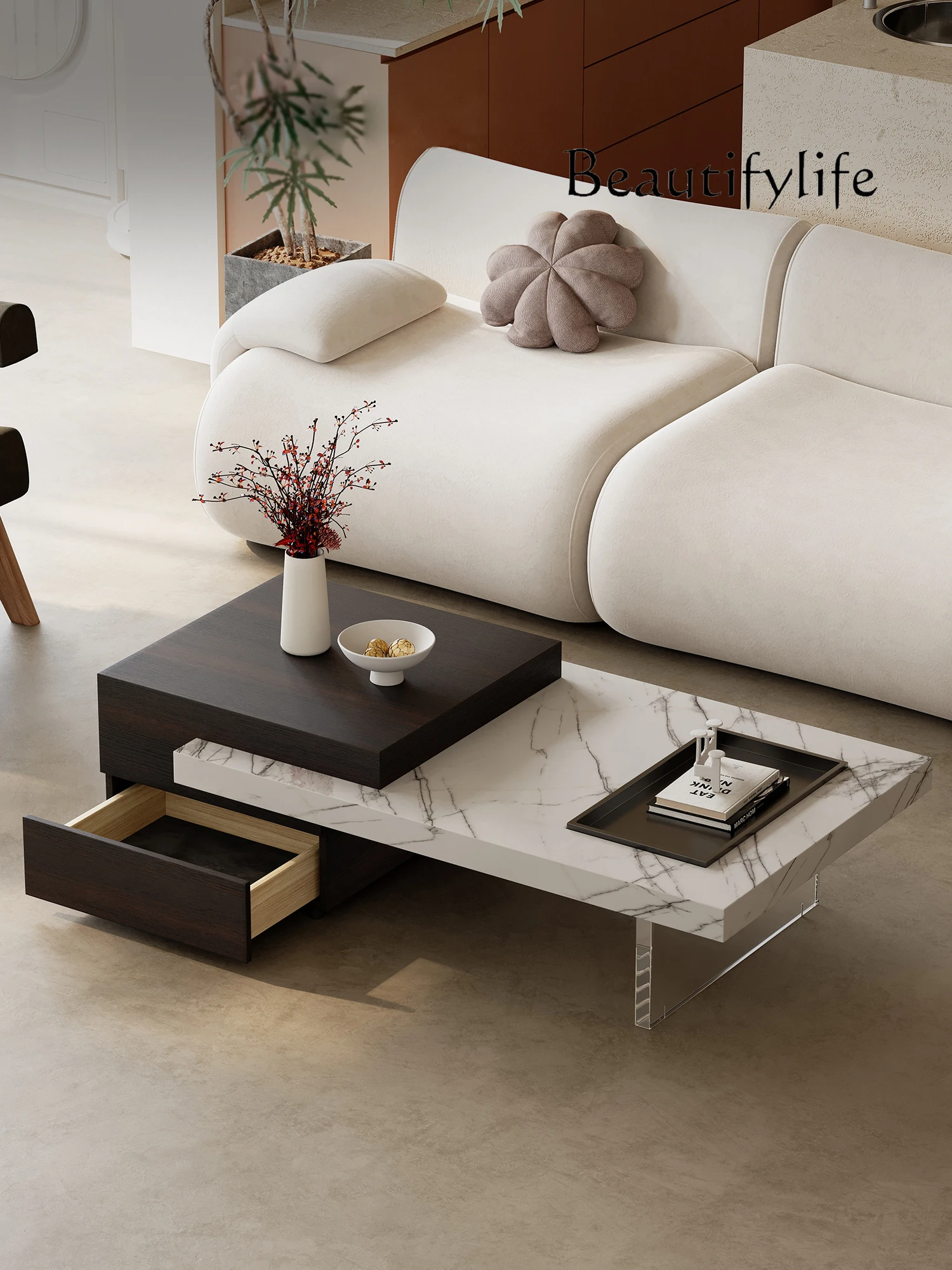 Light Luxury Living Room with Drawer Stone Plate Coffee Table Small Apartment Simple Suspension Acrylic Tea Table