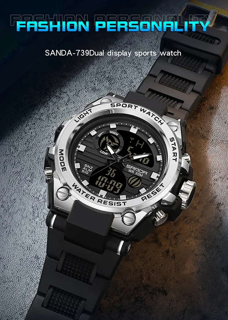 SANDA 739 Trendy Design 2024 New Arrival Alarm Mode Sports Hand Clock For Men Analog Digital Display Fashion Watch