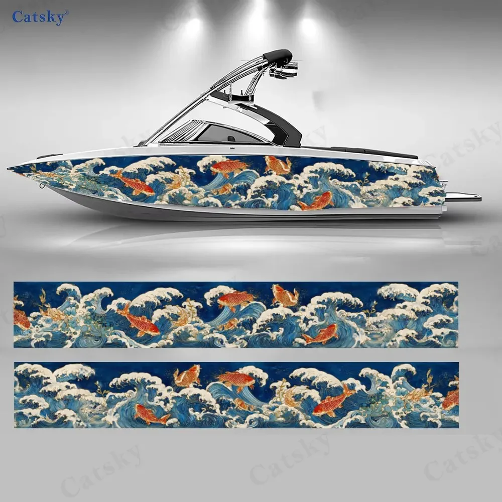 Blue Giant Wave Lucky Koi Boat Stickers, PVC Waterproof Durable Vinyl Wrap Decals for Fishing Boats, Durable and Stylish Design