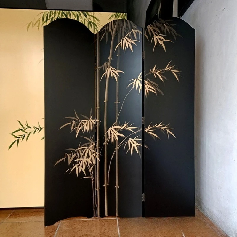 Screen hand-painted bamboo new Chinese villa living room office photography studio background wall folding screen