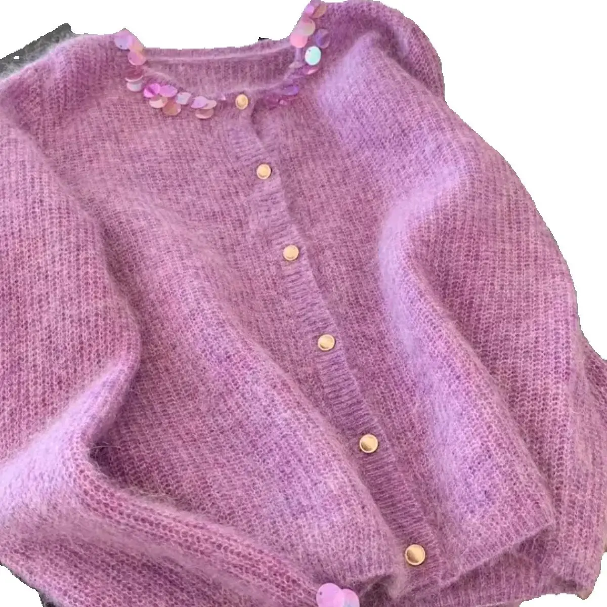 Paars gebreid vest met ronde hals en pailletten voor dames Temperament Nieuwe luie zachte stijl Zachte trui met enkele rij knopen