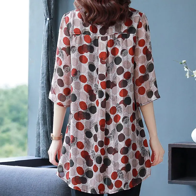 Office Lady Stylish Polka Dot Printed Shirt Casual Half Sleeve Women\'s Clothing Single-breasted Summer Korean Loose Midi Blouse