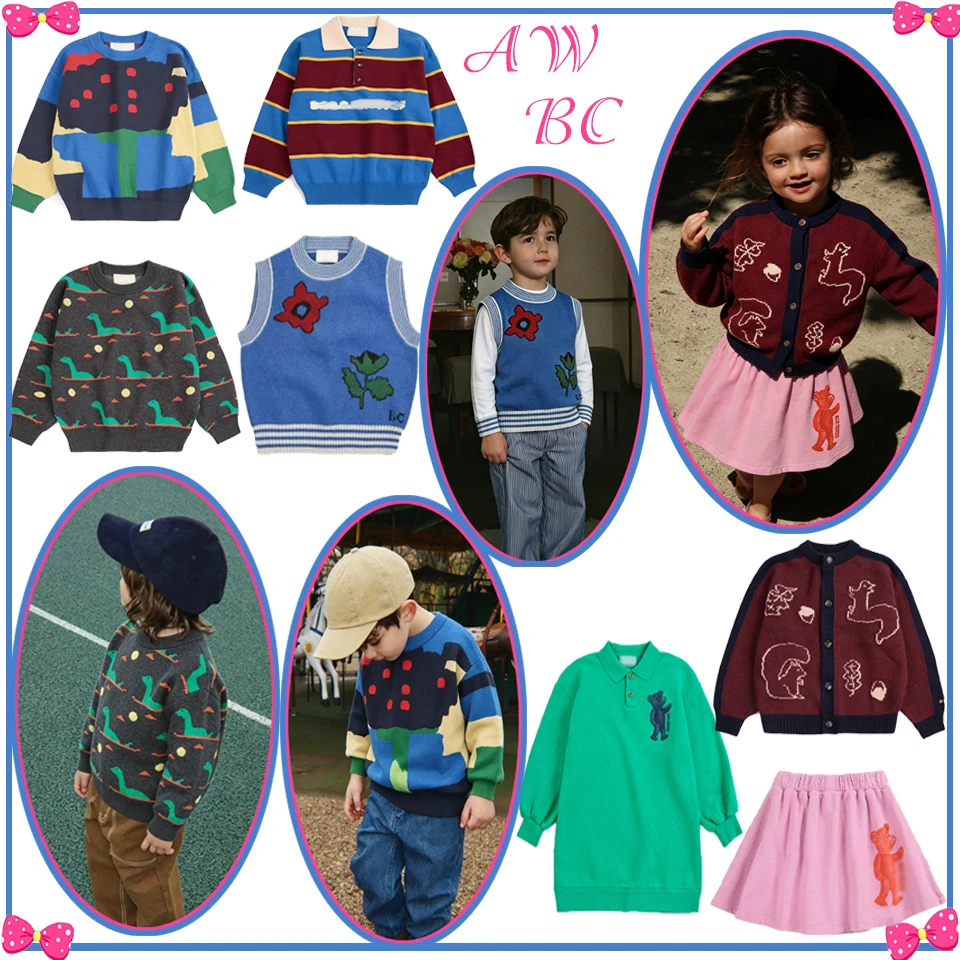 Children Cardigan Girls Autumn Clothes BC Kids Girls Knitted Top Sweater Vest Skirts Set Cartoon Printed Cotton Pullover Outwear