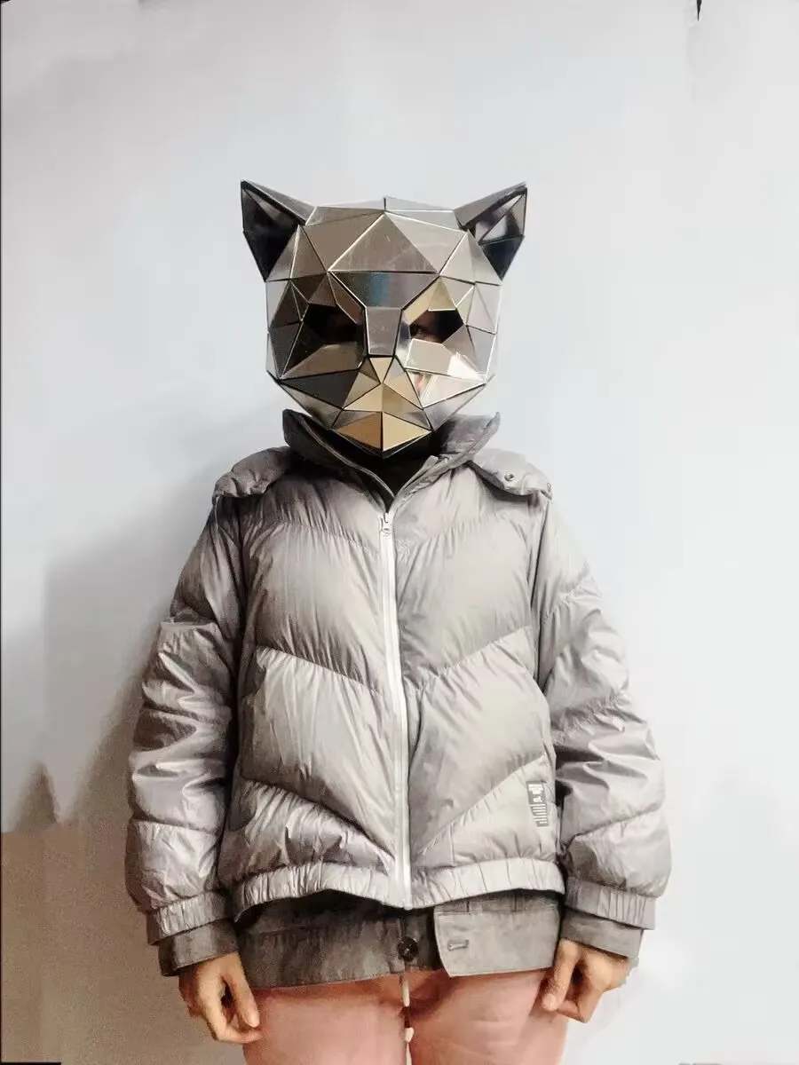 หน้ากากแมวกระจกสีเงิน 3 มิติ / หมวกกันน็อคแมวดิสโก้บอล