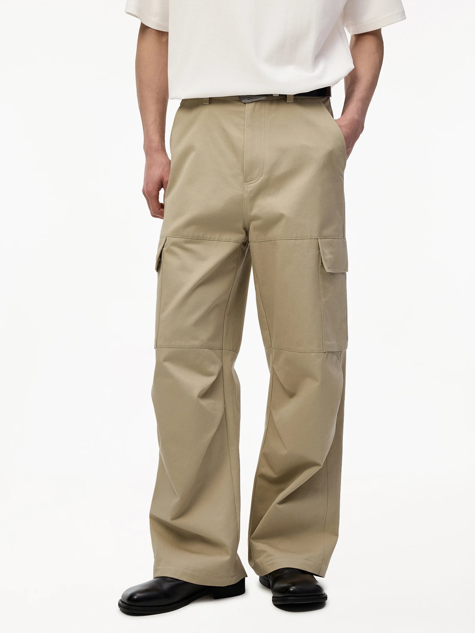 Lilbetter 250G Pure Cotton Work Trousers with Patch Pockets Loose Straight Leg Khaki Casual Pants Three-Dimensional Pleats