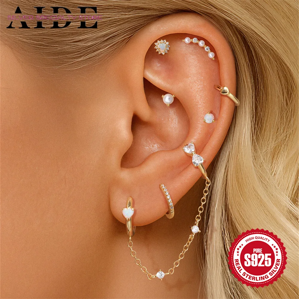 

AIDE 925 Sterling Silver Smooth Heart Classic Double Hoop Tassel Chain For Women INS Dainty Pearl Australian Opal Earring Set