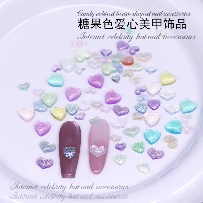 50 個 4-8 ミリメートル半透明 3D アクリルラブハートネイルアートチャームアクセサリーマニキュア装飾グリッター爪装飾用品