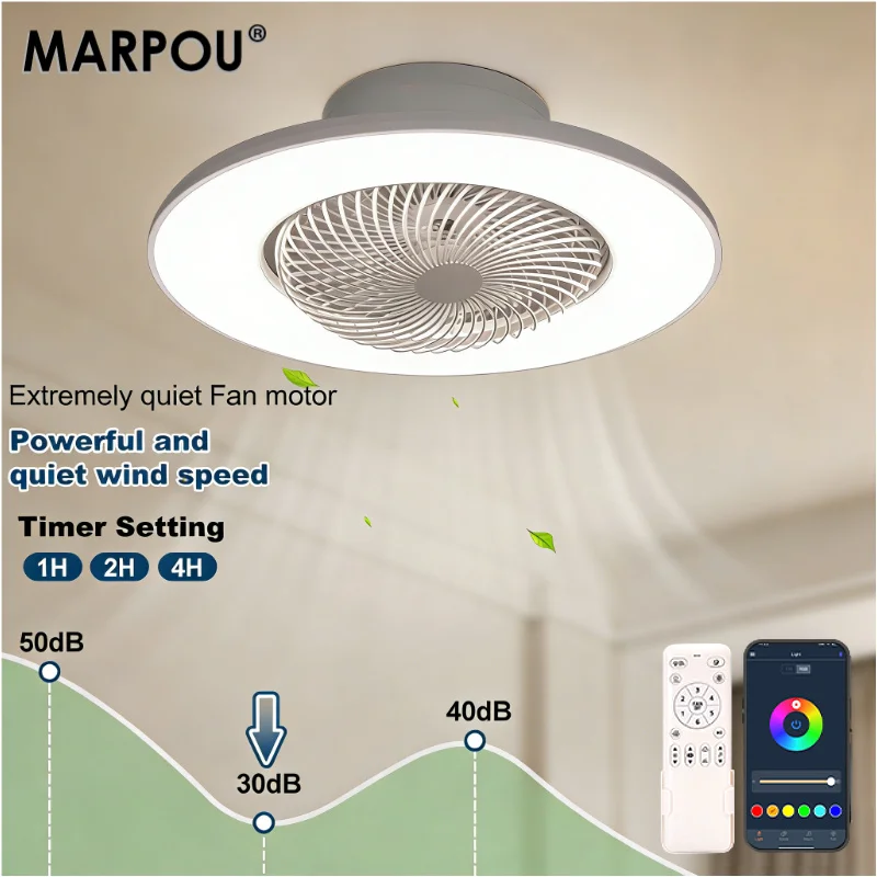 MARPOU Modern Smart Fan Lamps RGB Backlight 360° Rotating Minimalist LED Ceiling Fan Lights APP Remote Control 6 Speed Indoor