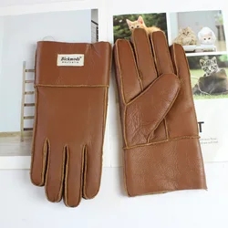 New winter warm men's sheepskin fur gloves leather thick wool outdoor wind and cold gloves