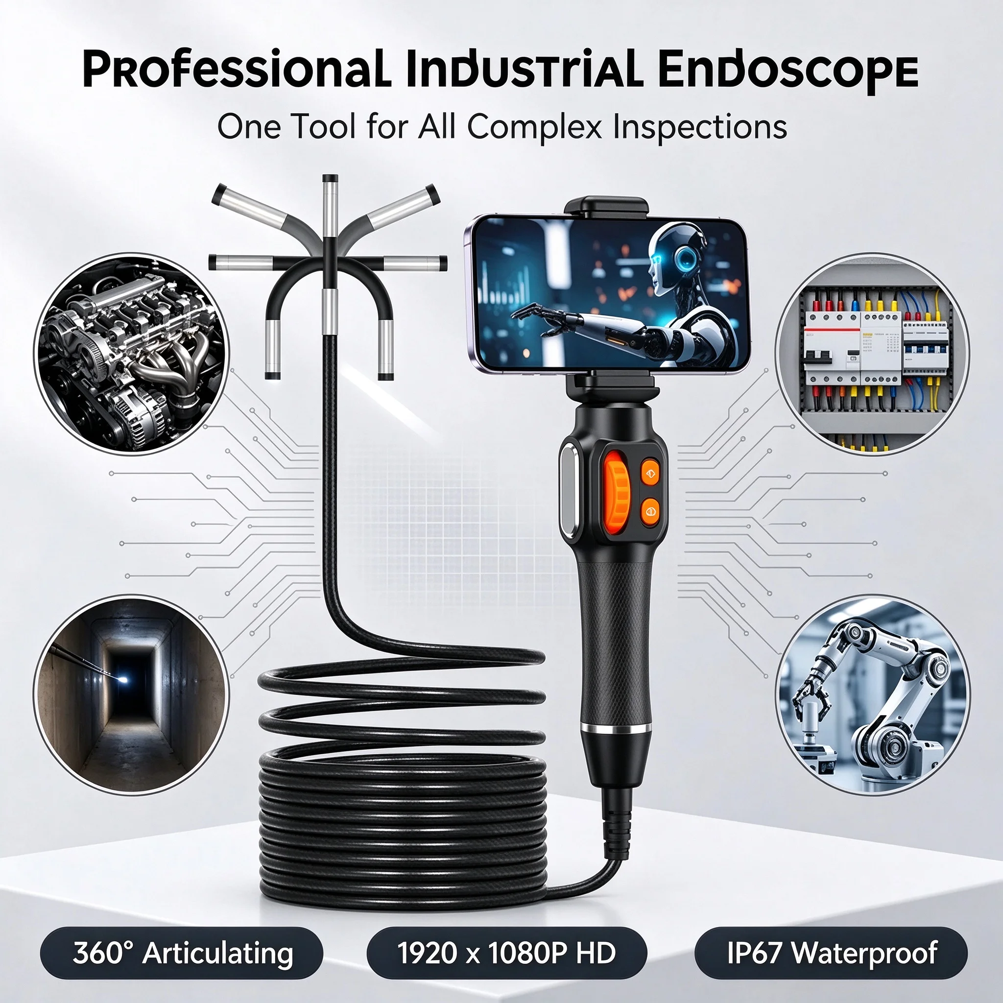 SIHAO 360 Degree Rotation Articulating Endoscope Camera 1080P HD IP67 6mm Lens Borescope for Car Automotive Pipe Inspection
