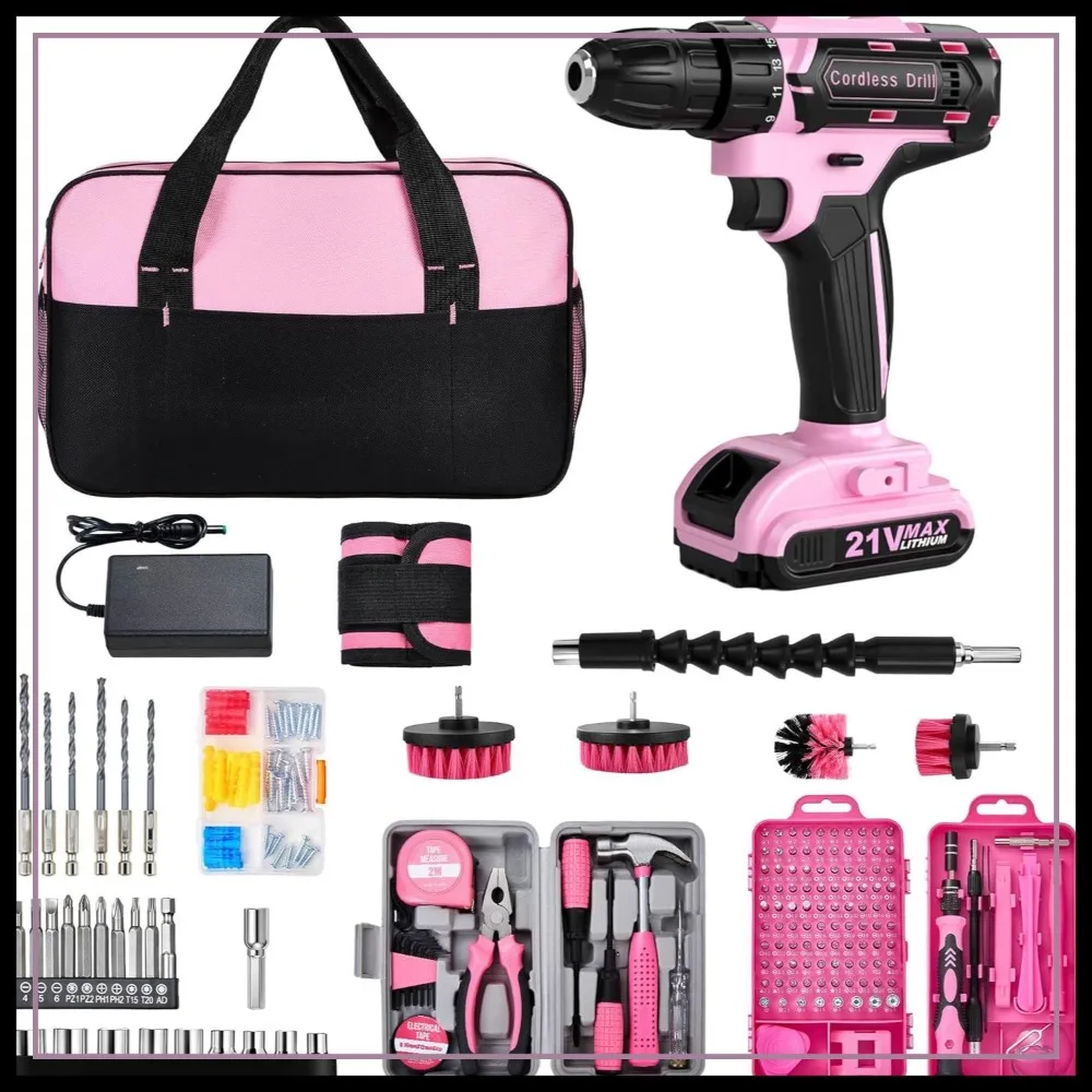 

21V Cordless Drill Set 220 Pcs with Tool Kit, Storage Bag, Precision Screwdriver, Magnetic Belt, Hand Toolbox, Brush, Gift for Women