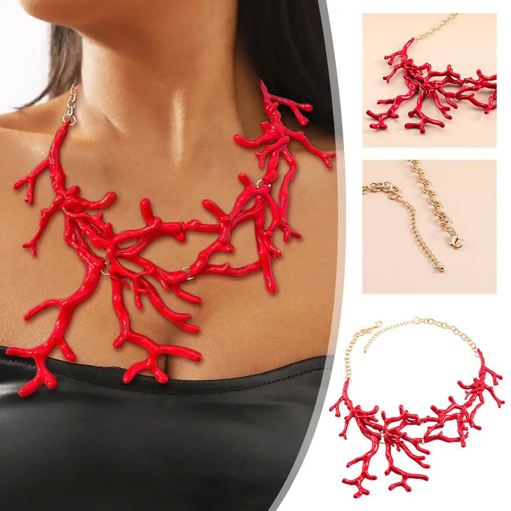 New Exaggerated Pendant Novel Simple Red Coral Pendant Clavicle Adjustable All-matched Cold Wind Long Chain Necklace Chain J9U2