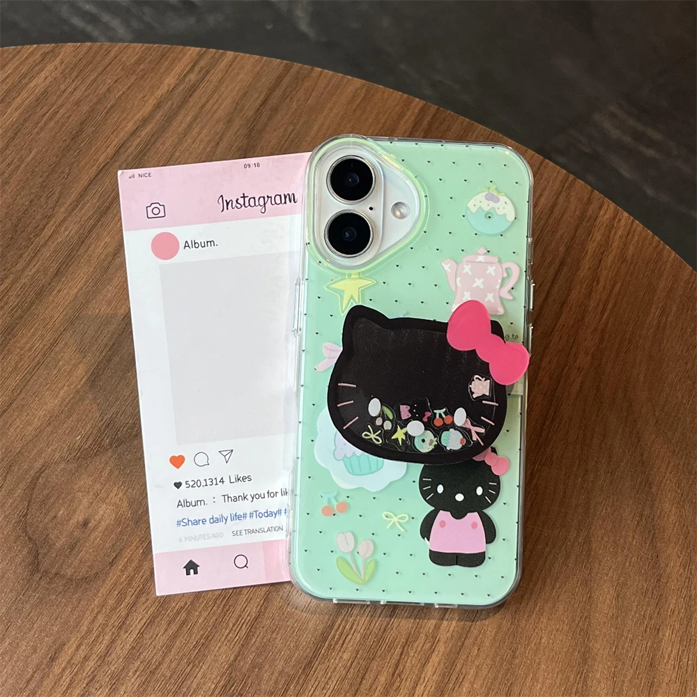 

3D Cartoon Greener Hello Kitty Phone Case For iPhone 16 15 14 13 Pro Max With brackets Kawaii Cute Soft IMD Cover
