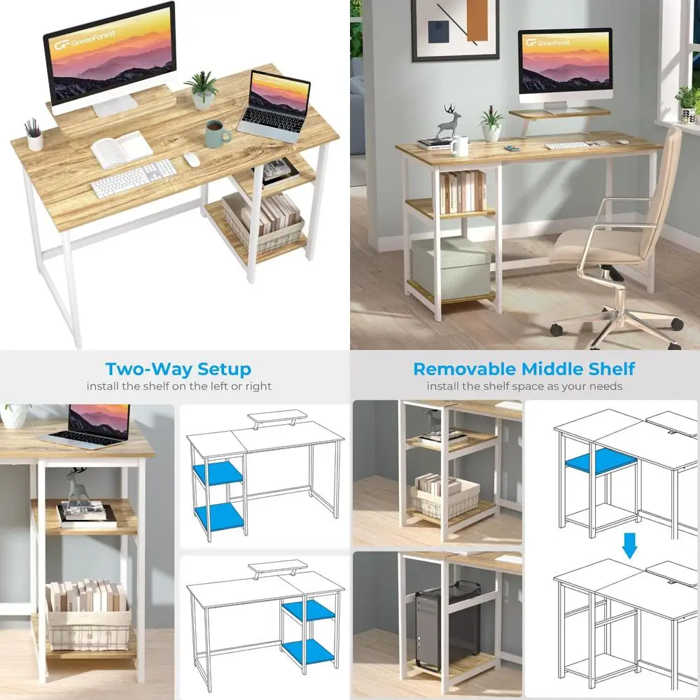 

Monitor Stand Desk 39 Inch, Compact Home Office Workstation with Reversible Storage Shelf, Small Space Friendly Desk