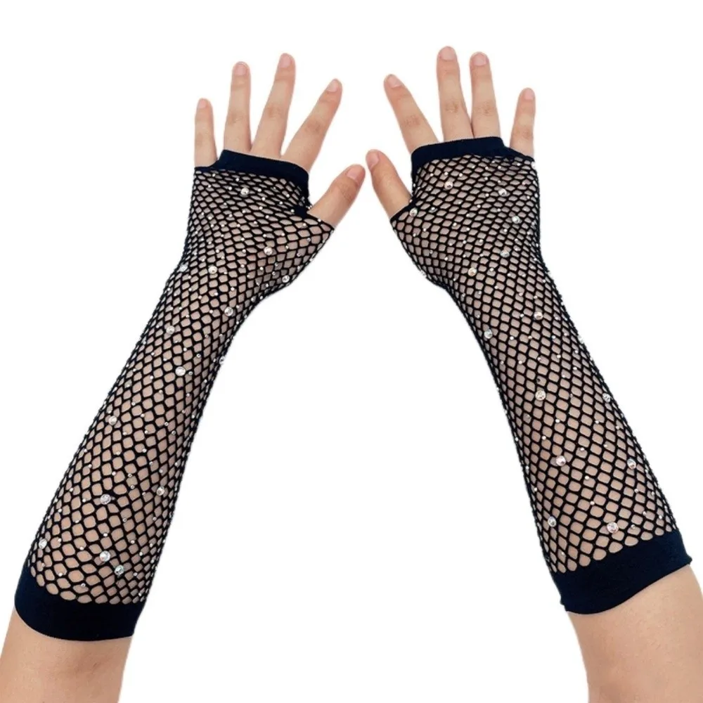 Short Elastic Rhinestone Gloves Black White Punk Fishnet Fingerless Gloves Gothic Style Shiny Mesh Lace Gloves Dance Wear