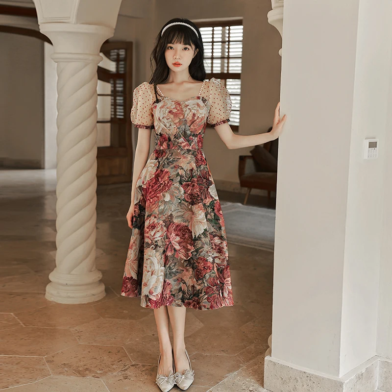 

Luxury Printed Satin Evening Dresses Elegant Square Neck A-Line Tea-Length Women Midi Dresses For Birthday Party
