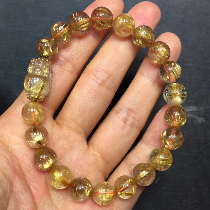 Natural Gold Rutilated Quartz beads Bracelet Pi Xiu Pendant Wealthy 9mm Woman Men Clear Round Beads Jewelry From Brazil AAAAAAA