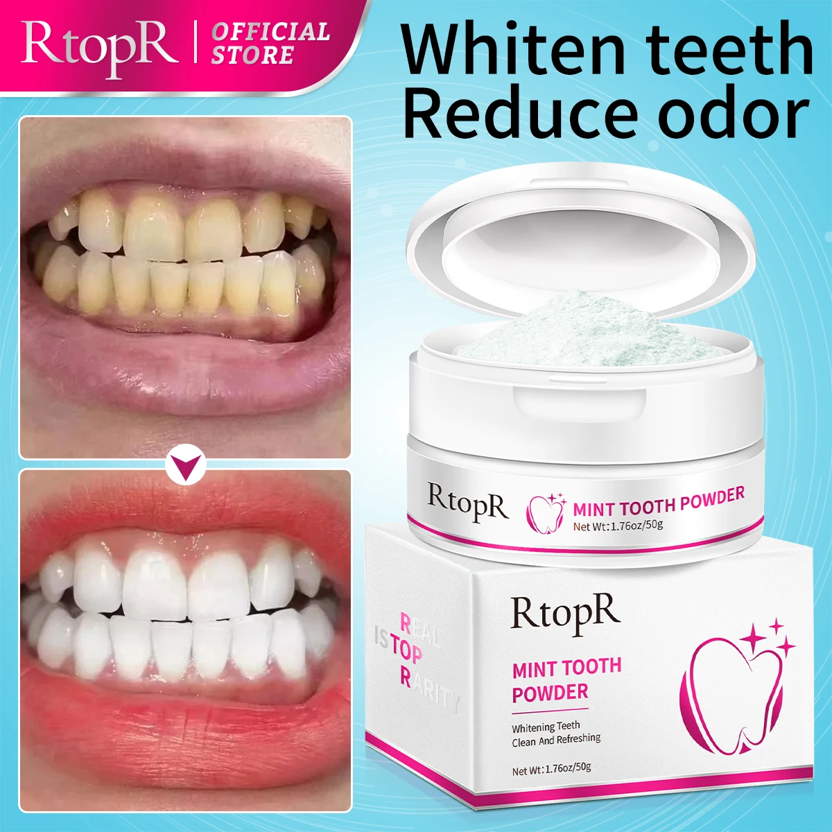 RtopR Teeth Whitening Powder Pearl Essence Natural Dental Toothpaste Toothbrush Kit Oral Hygiene For Remove Stains Plaque 55g