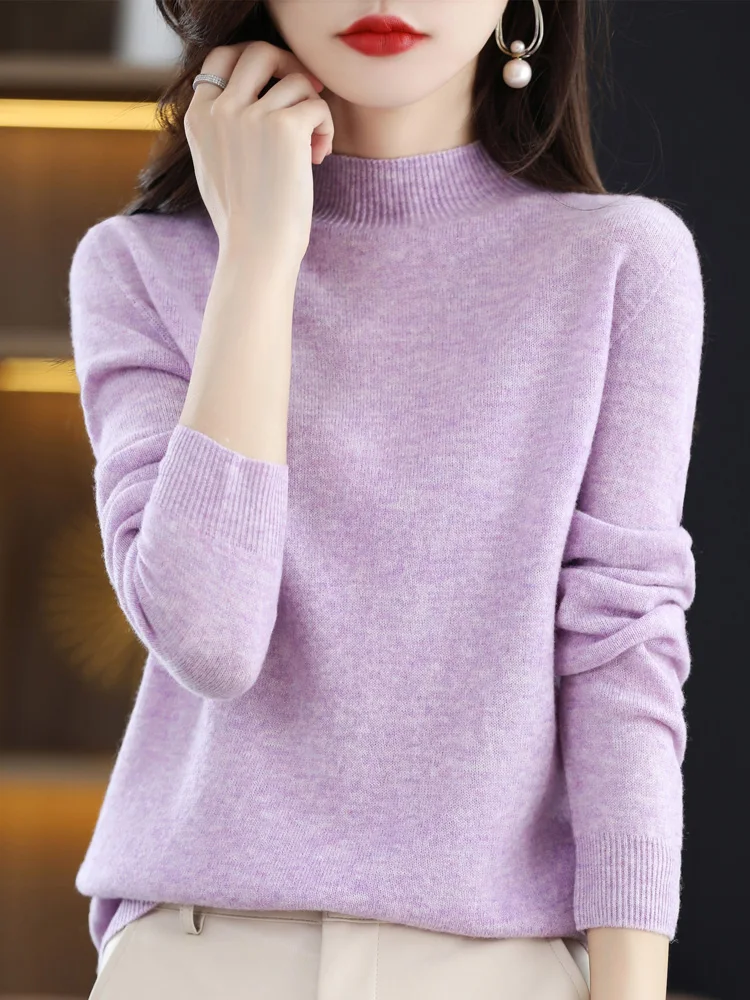 Aliselect Fashion  Autumn Winter 100% Merino Wool Sweater Women Knitted Mock-Neck Long Sleeve Cashmere Pullover Clothing Top