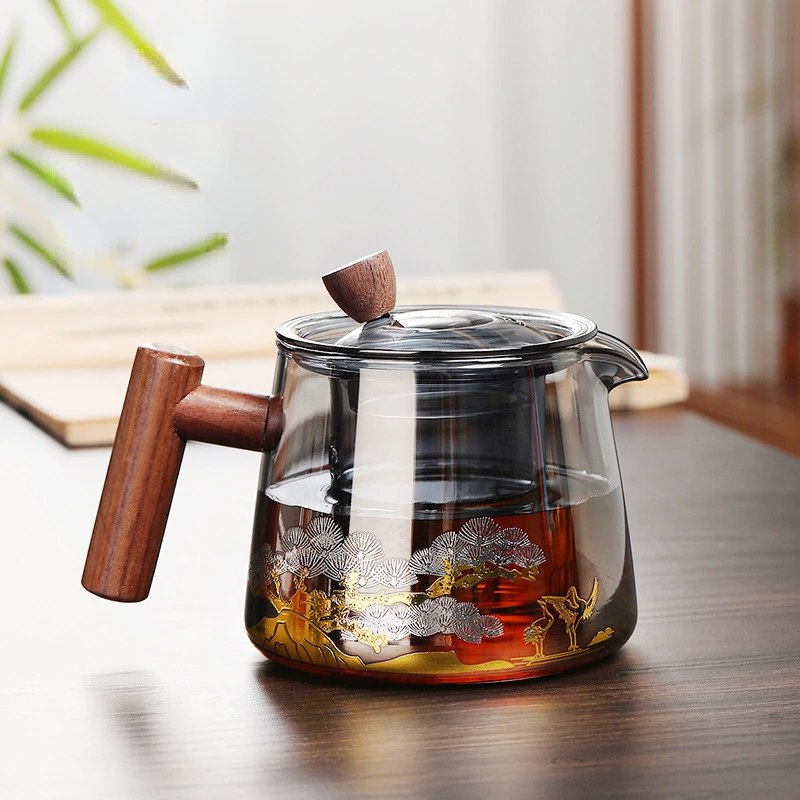 Glass Teapot High Temperature Glass Kettle Tea Set Wooden Handle Double Layer Filter Tea Infuser Household Kitchen Container