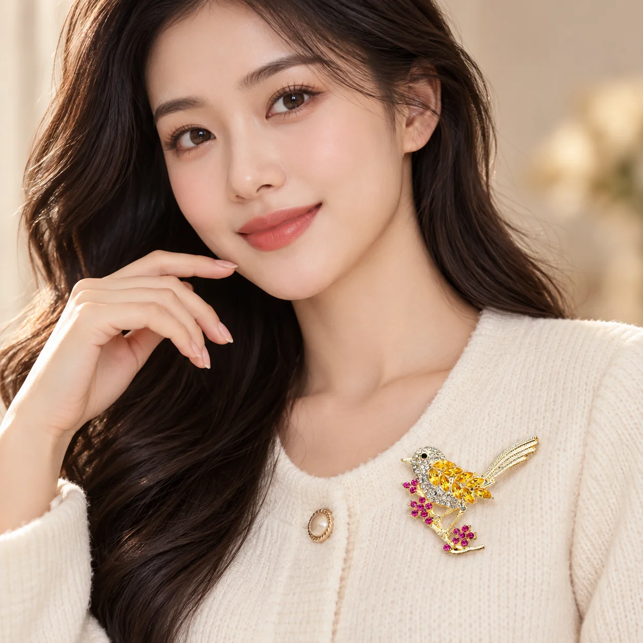 Rhinestone Bird Brooch for Women, Gold Alloy Bird and Branch Fruit Design Pin, Yellow Crystal Pink Gemstone, Adult Women's Suit Jacket Sweater Shirt Dress Scarf Brooch, Daily Commute Dating Party Banquet Photography Outfit, Fashionable Versatile Elegant Brooch, European and American Style Clothing Accessories, Bag Decoration, Hat Accessory, Exquisite Sparkling Animal Brooch, High-End Eye-Catching Gift Recommendation, All-Season Versatile Pin, Trendy Design, Personalized Accessory, New Hot-Selling Bird Jewelry