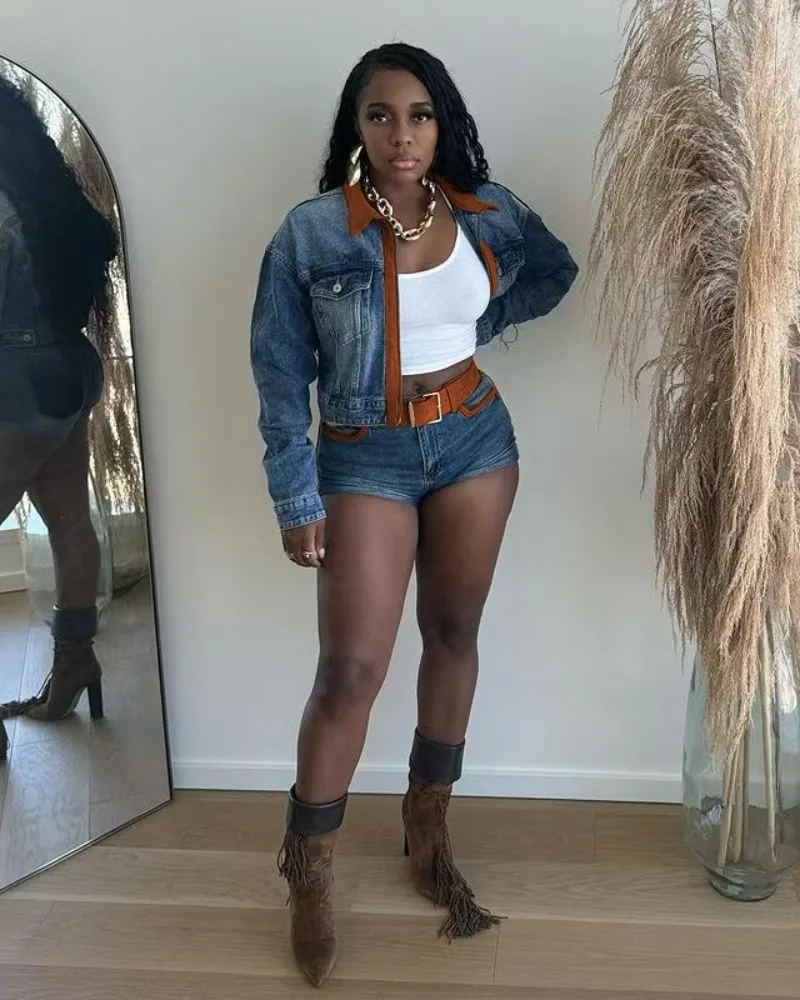 

Color Patchwork Denim Jeans 2 Piece Set Women Turn Down Collar Long Sleeve Single Breasted Cropped Jackets Top + Mini Skirt Suit