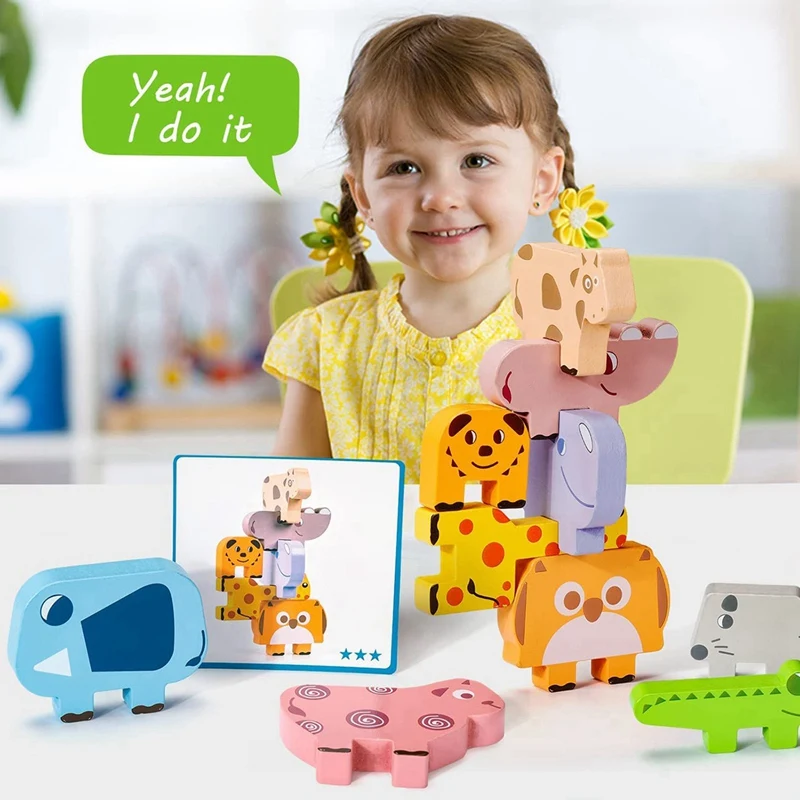 Juguetes de construcción de equipo de madera, juego de bloques apilables, juguetes de equilibrio de animales para niños pequeños, niños y niñas