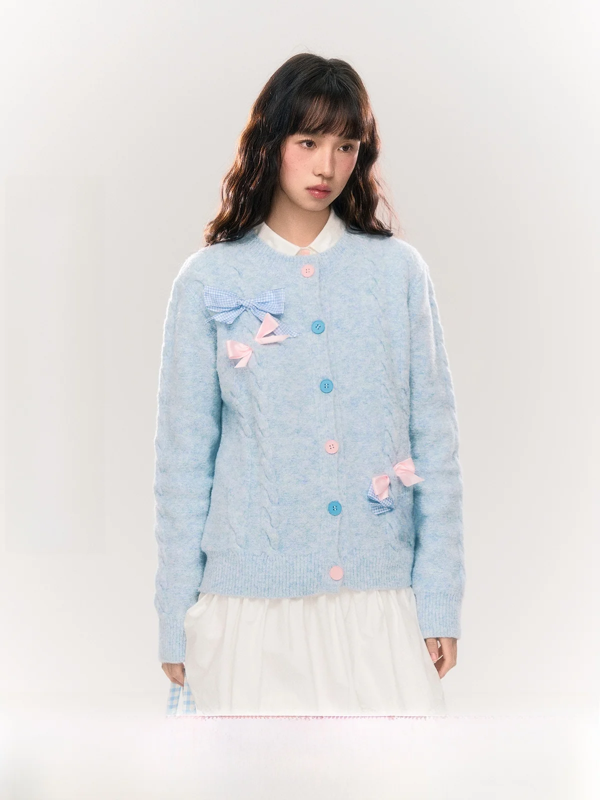 

Sweet Knitted Sweater with Buttons Decorative Knot Candy Color College Sle Straight Tube Long Sve Swe...