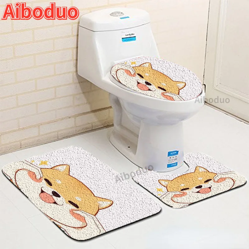 

3 Piece Set Toilet Accessories Cute Dog 3D Set Modern Toilet Seat Cover Rug Bathroom Rug Set Room Shower Non-slip Absorbent Mats