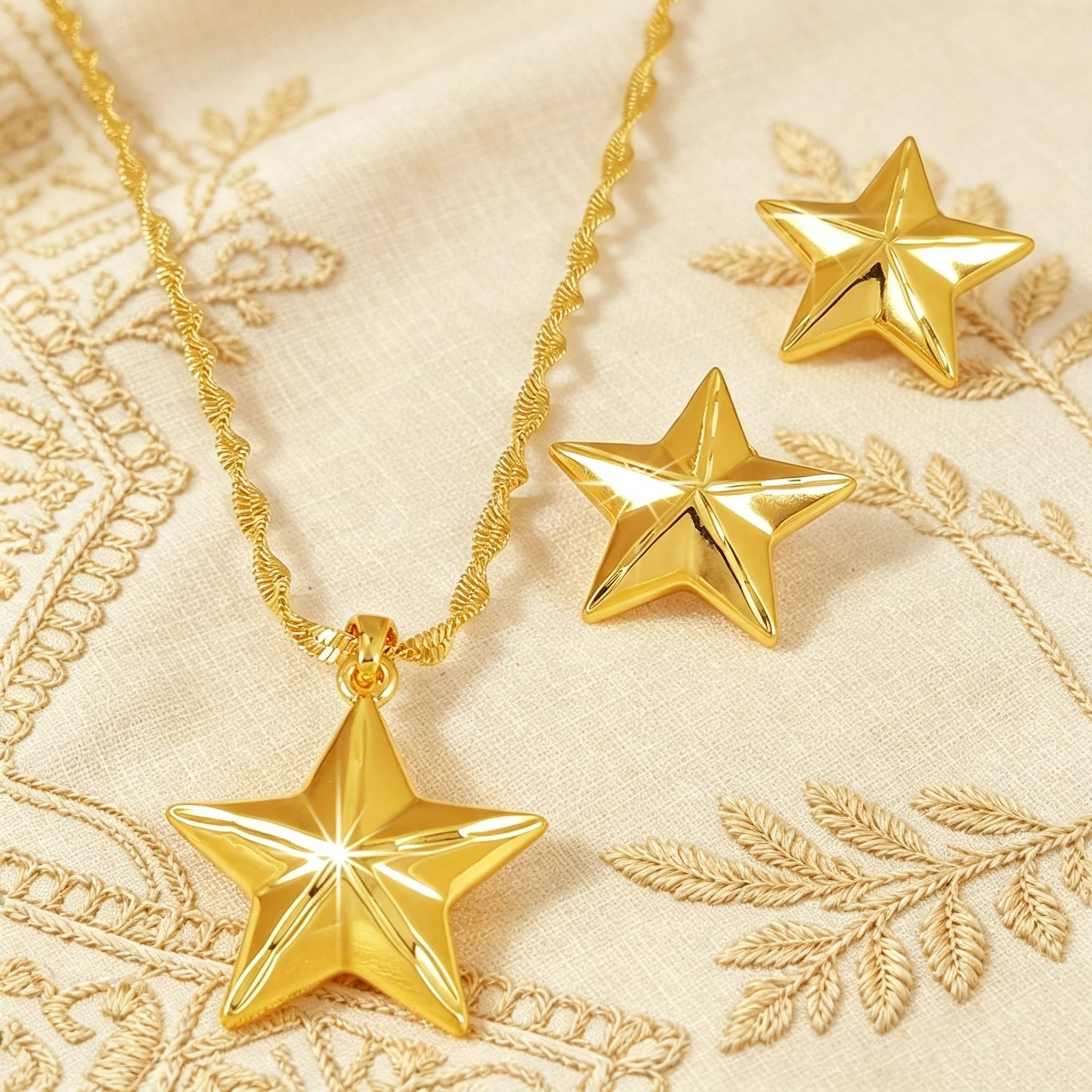 Women Fashion 2‑Piece Star Jewellery Set Gold Tone Stereo Star Pendant Necklace & Stud Earrings Daily Dating Wear Ornaments