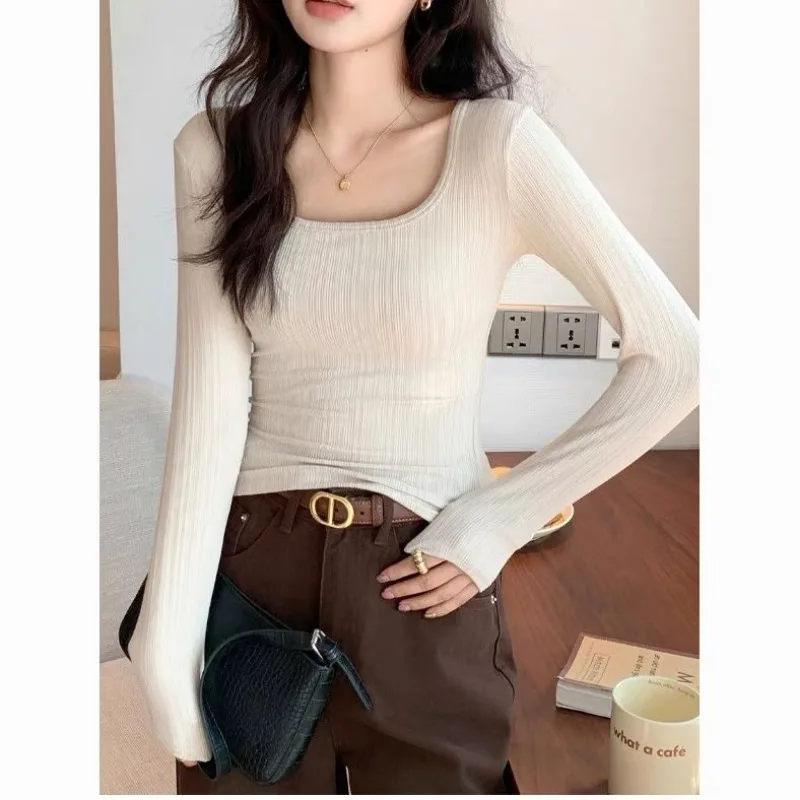 Women Square Neck Ribbed Long Sleeve Top Thin Slim Fit Trendy Mead Color Casual Inner Blouse For Autumn Winter