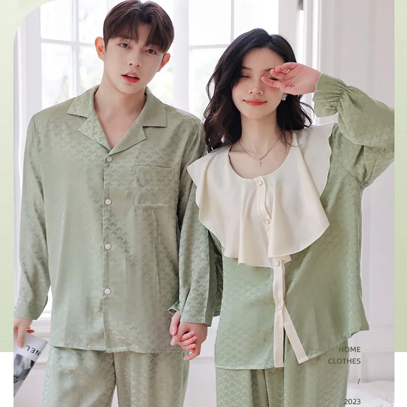 

Spring New Couple Long Sleeve Nightwear Jacquard Ice Silk Pyjamas Sleepwear Pajama Set For Men And Women Casual Sleepwear PJS