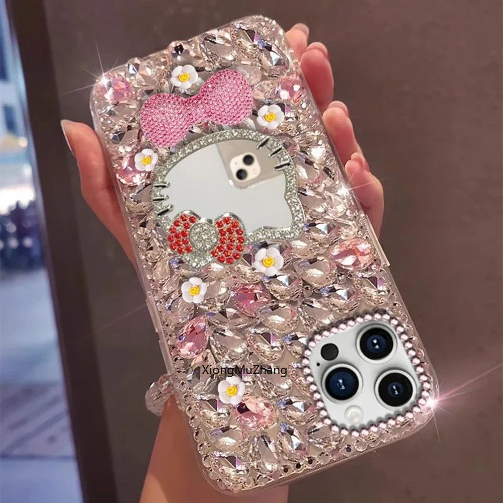 Cartoon Sanrio Hello Kitty Schleifen-Make-up-Spiegel Blumen-Diamant-Hülle für iPhone 17 18 16 Pro 15 14 13 12 11 Pro Max Glitzer-Abdeckung – Detail 5