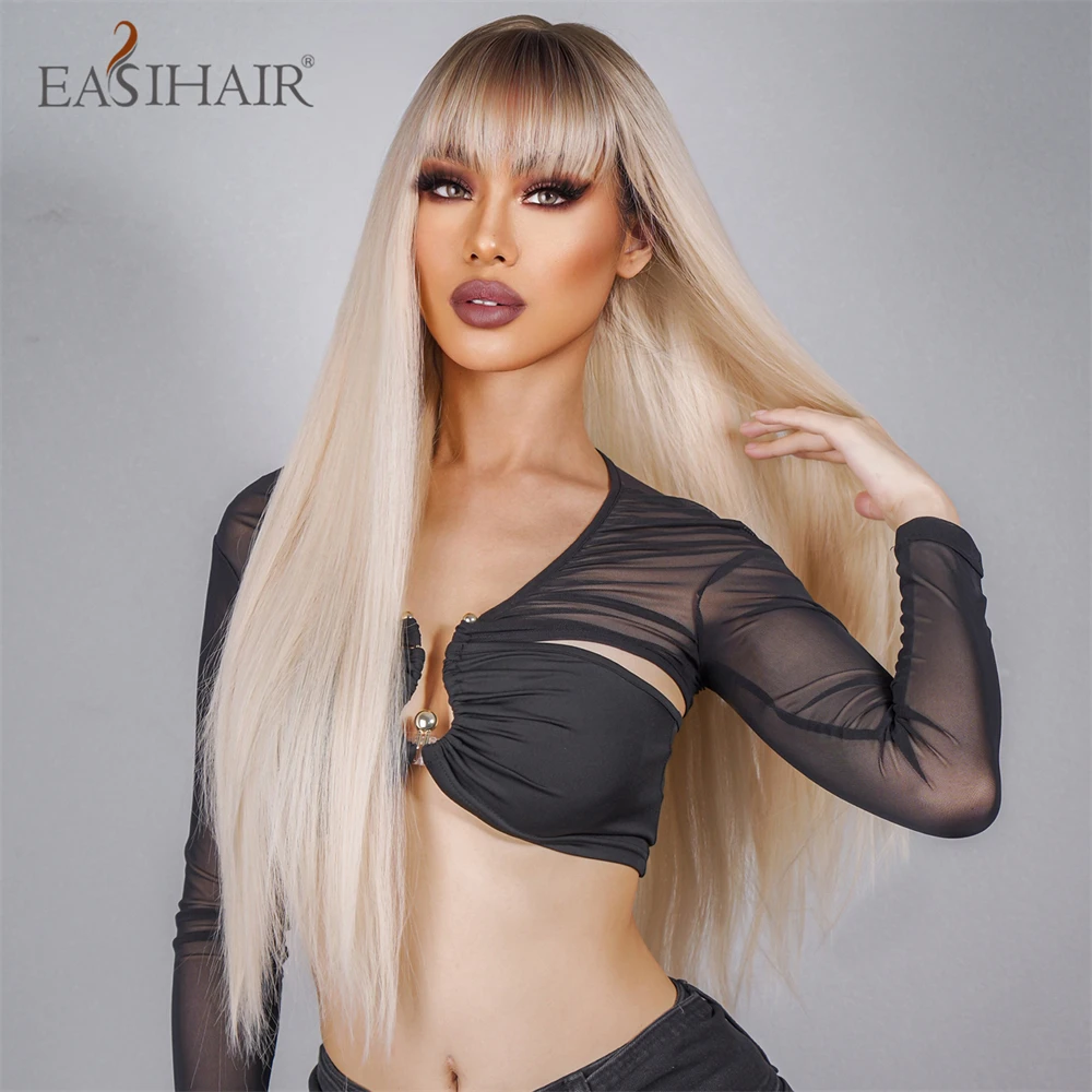 EASIHAIR Long Silky Straight Synthetic Wig with Bang Light Platinum Blonde Hair Wig for Women Daily Party Cosplay Heat Resistant