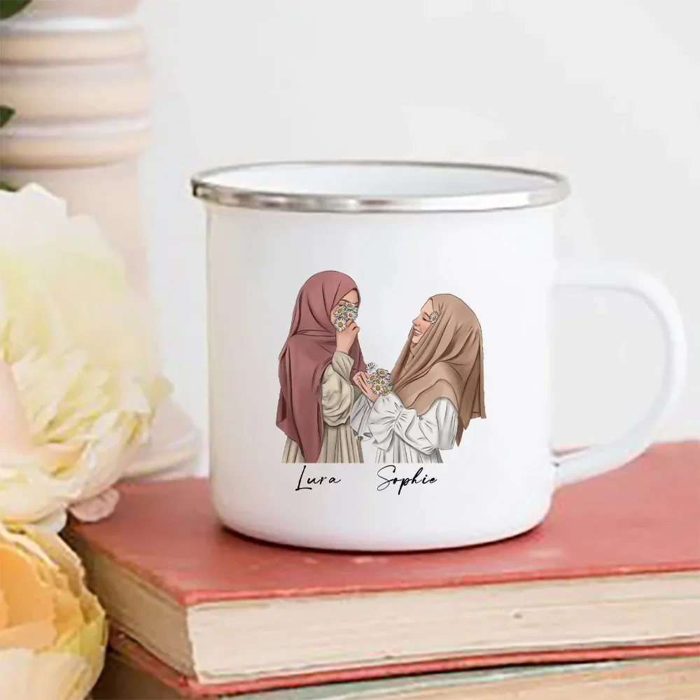 Personalised Hijabi Girl Print Mug Coffee Cups Muslim Best Friend with Name Enamel Cup Handle Mugs Eid Birthday Gift for Friends