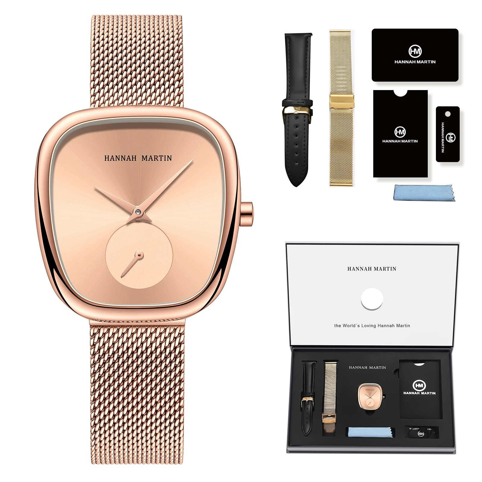 HANNAH MARTIN 1Set Gift Box Watch Women 34mm Elliptical Case Quartz Movement Fashion Simple Stainless Steel Mesh & Leather Watch