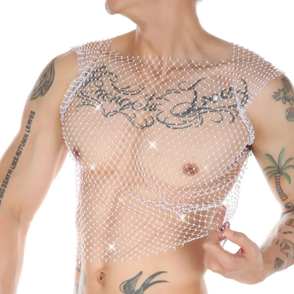 

Mens Hot Sexy Sleeveless Vest Net Stretch Nightclub Men's Sexy Diamond Fishing Net Top Square Neck Hollow Out Tank Gay Clothes