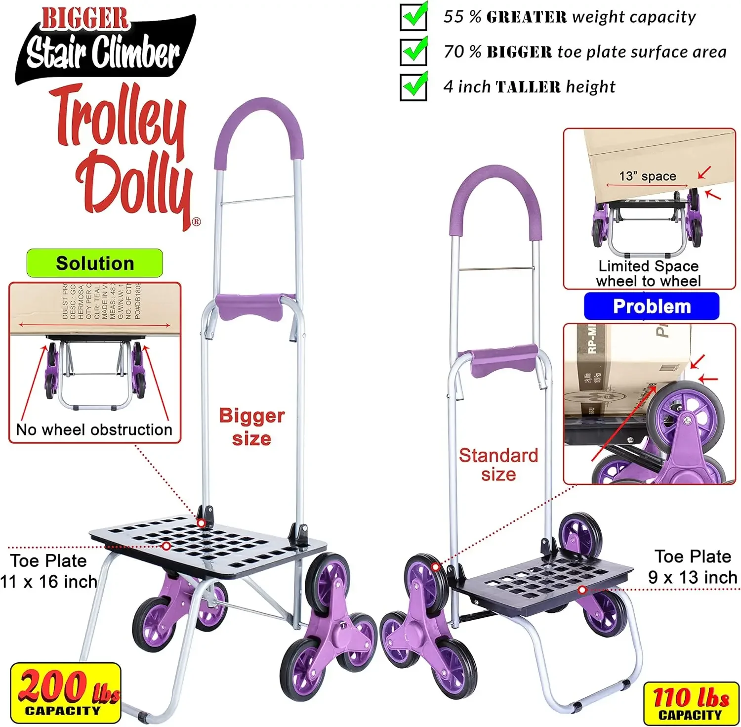 Climber Bigger Trolley Dolly, Purple Grocery Shopping Foldable Cart Condo Apartment