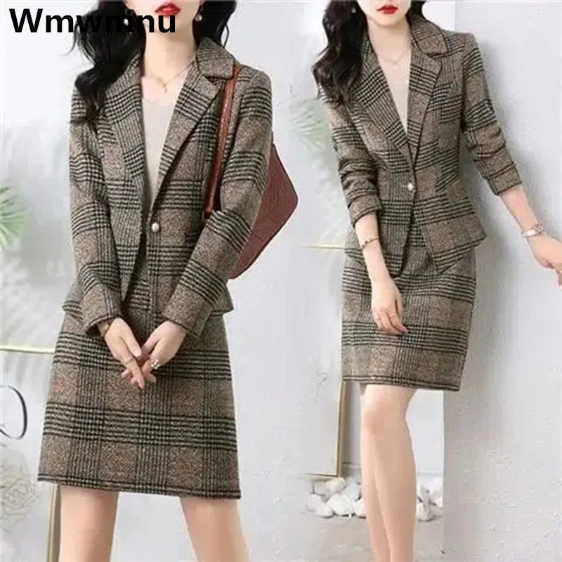 Winter Women Plaid Blazer Skirt 2 Piece Sets Thick Top Coats Suit Elegant Work Mini Jupes Outfits Plus Size 4xl Unlined Conjunto