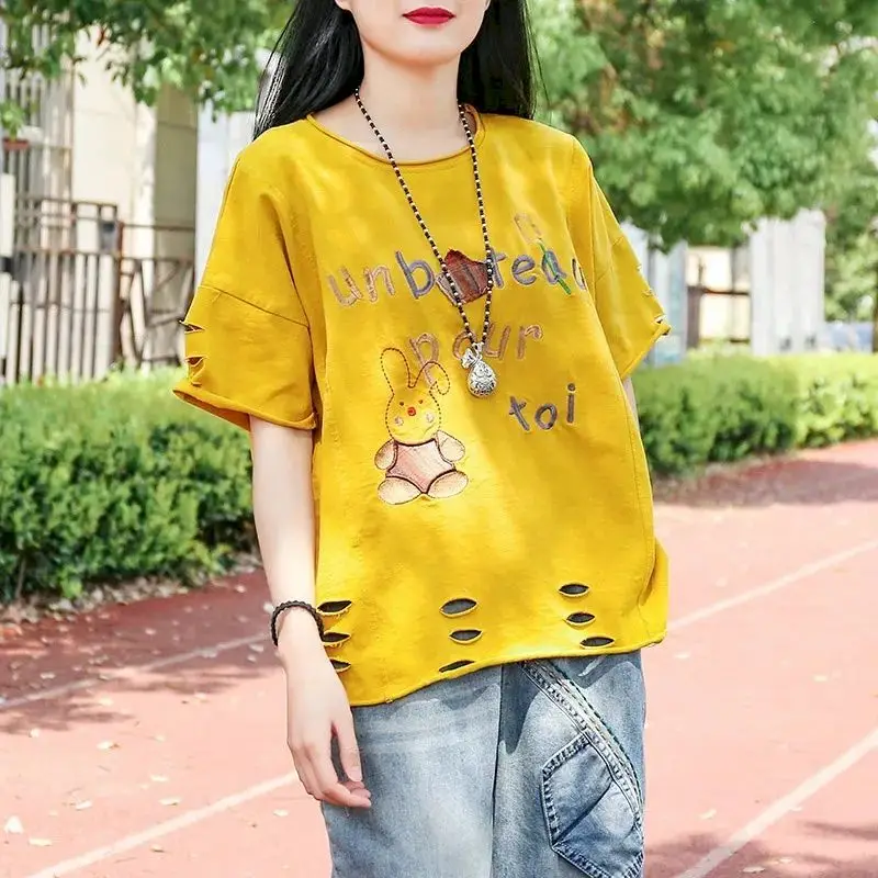 Cotton T-shirts for Women Literary Oversized Short Sleeved Tops Summer Trend Korean Cartoon Embroidery Rolled Edge Hole Casual T