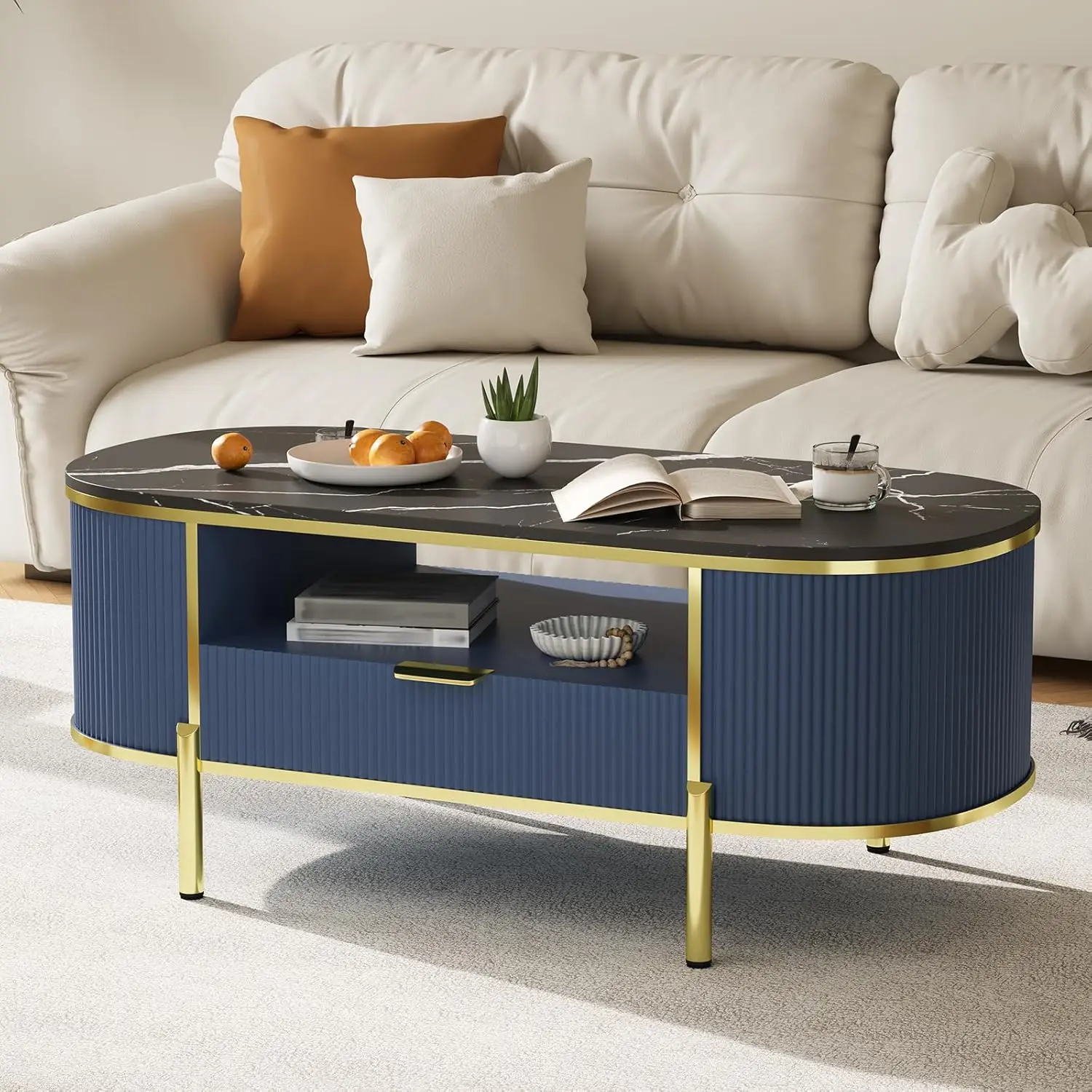 

48" Navy Blue Modern Luxury Oval Coffee Table - Curved Fluted Table with Faux Marble Top & Gold Metal Decor for Living Room